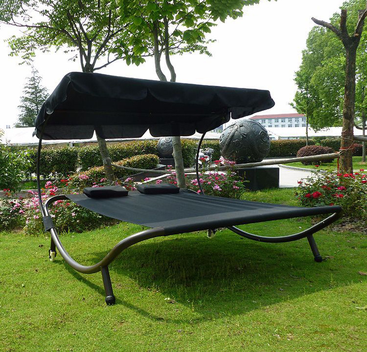 Uplion Outdoor Beach Lounge Double Size Chaise Lounge with Canopy Shelter and Wheels Garden Sun Lounger