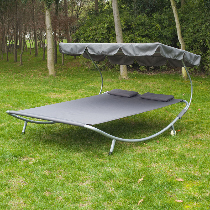 Uplion Outdoor Beach Lounge Double Size Chaise Lounge with Canopy Shelter and Wheels Garden Sun Lounger