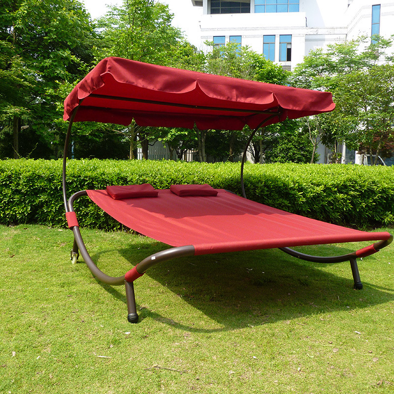 Uplion Outdoor Beach Lounge Double Size Chaise Lounge with Canopy Shelter and Wheels Garden Sun Lounger