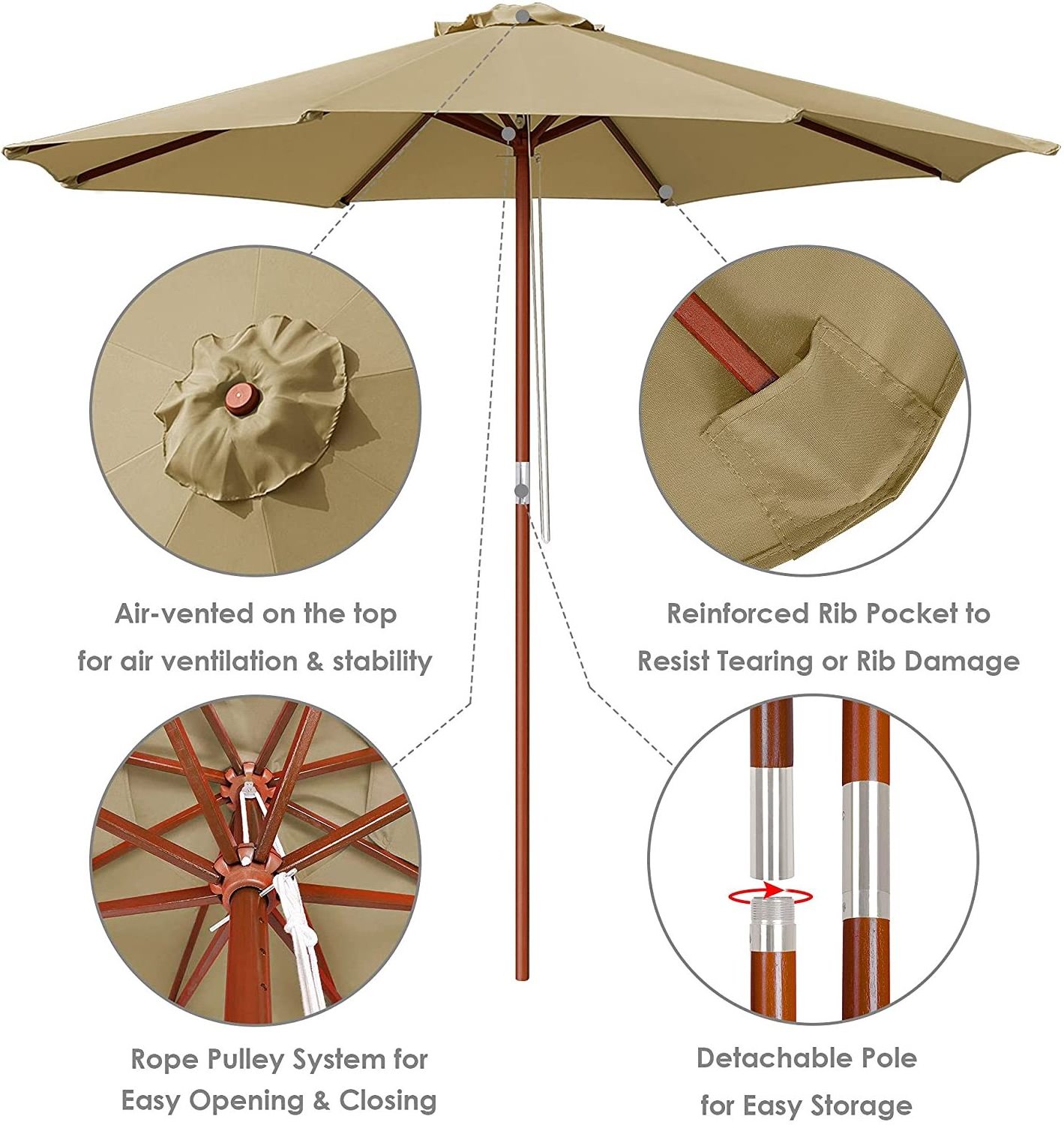 Uplion 9ft Outdoor Wooden Umbrella Market Garden Sunshade Cafe Umbrella Wooden Patio Umbrellas