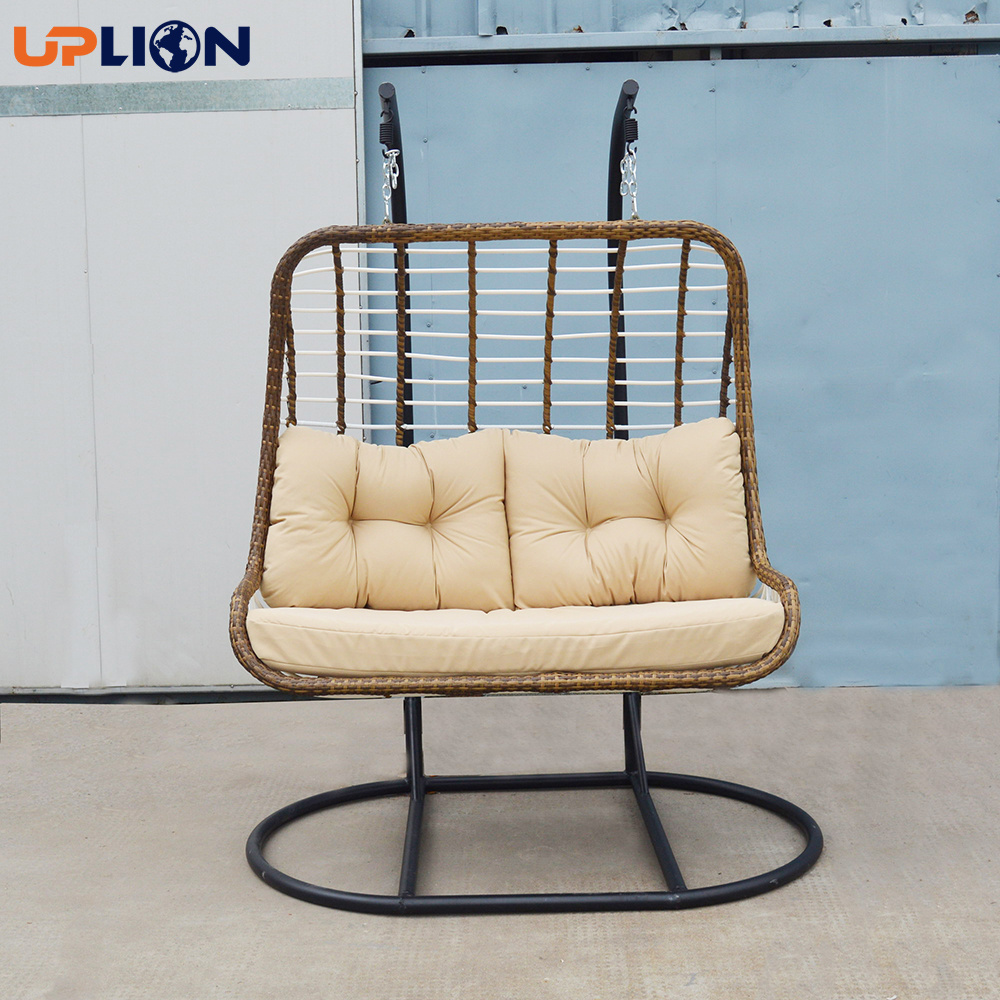 Uplion Outdoor Furniture Double Egg Rattan Swing Chair Hanging Chair with Metal Stand Patio Swings