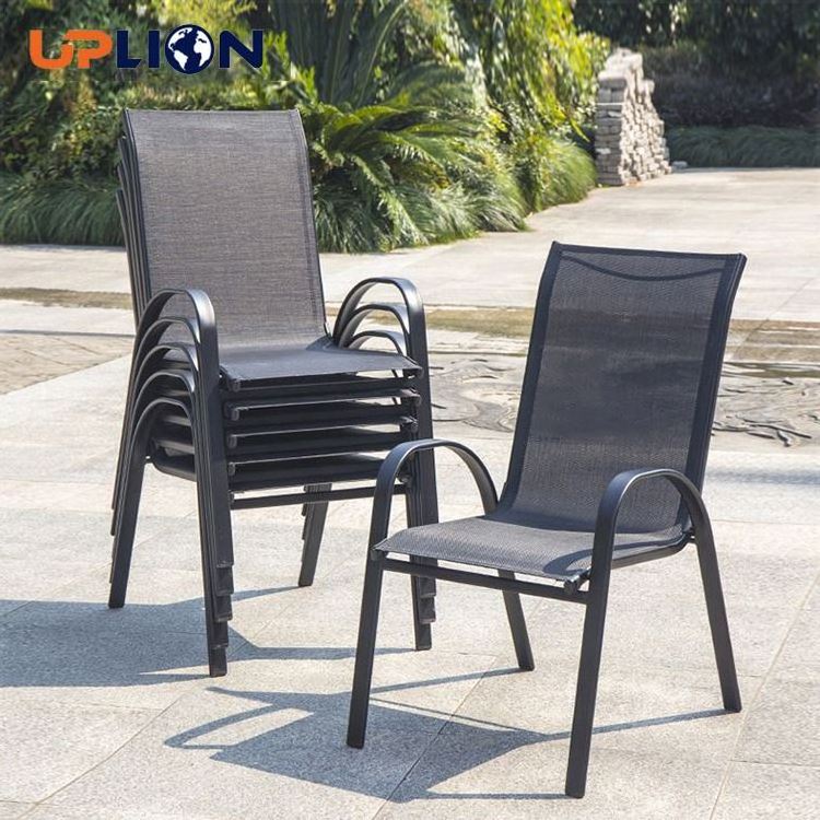 Uplion Patio Metal Dining Stacking Garden Chair With Arm Comfort Flex Material Popular Black Outdoor Metal Stacking Chair