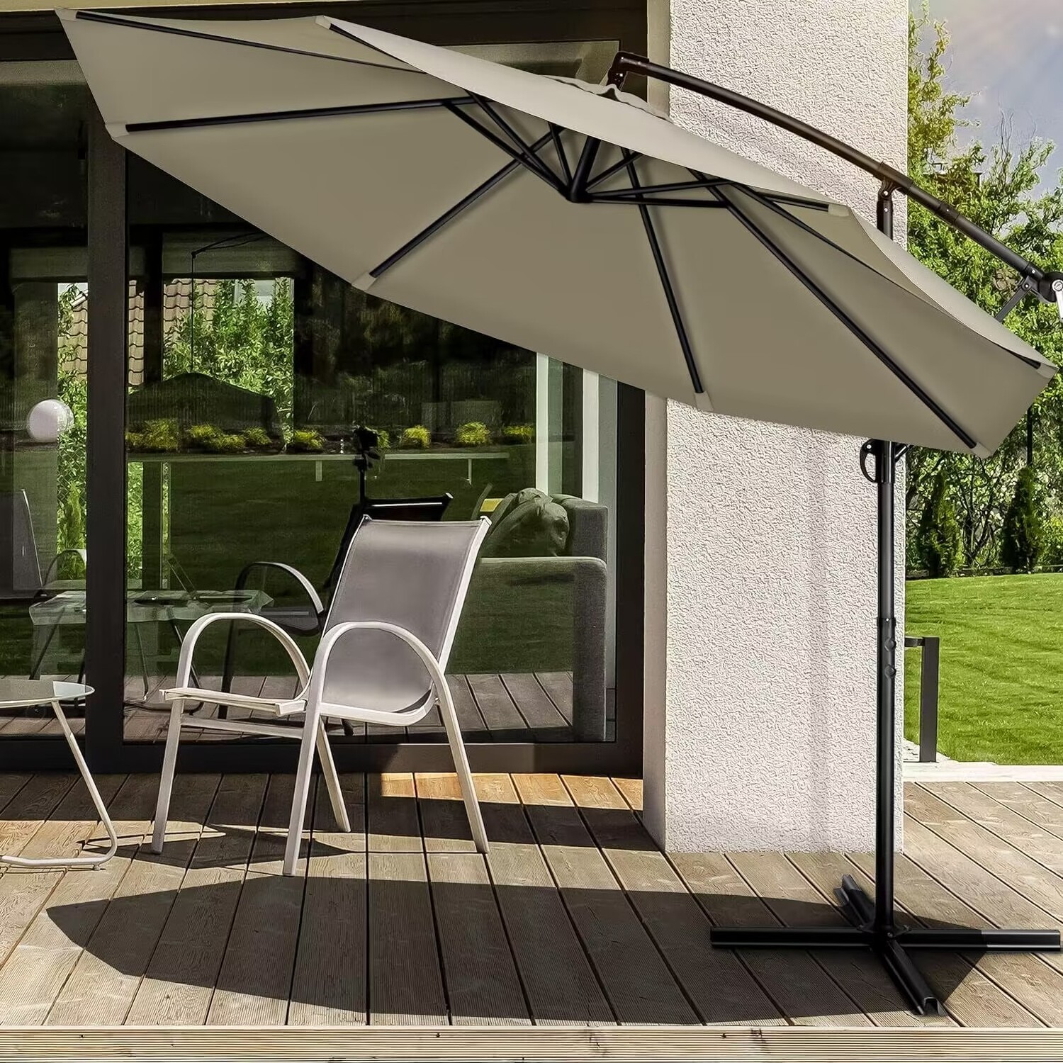 Uplion Parasol with crank Cantilever Parasol with Cross Base Garden Umbrella UV Protection Waterproof Patio Umbrella