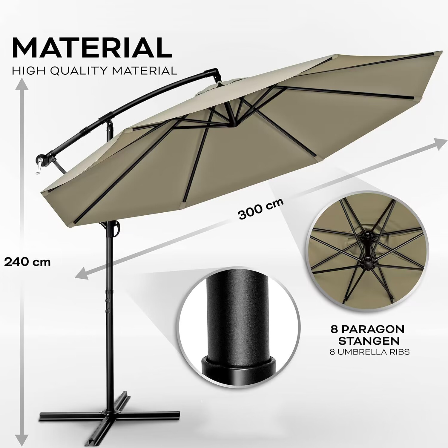 Uplion Parasol with crank Cantilever Parasol with Cross Base Garden Umbrella UV Protection Waterproof Patio Umbrella