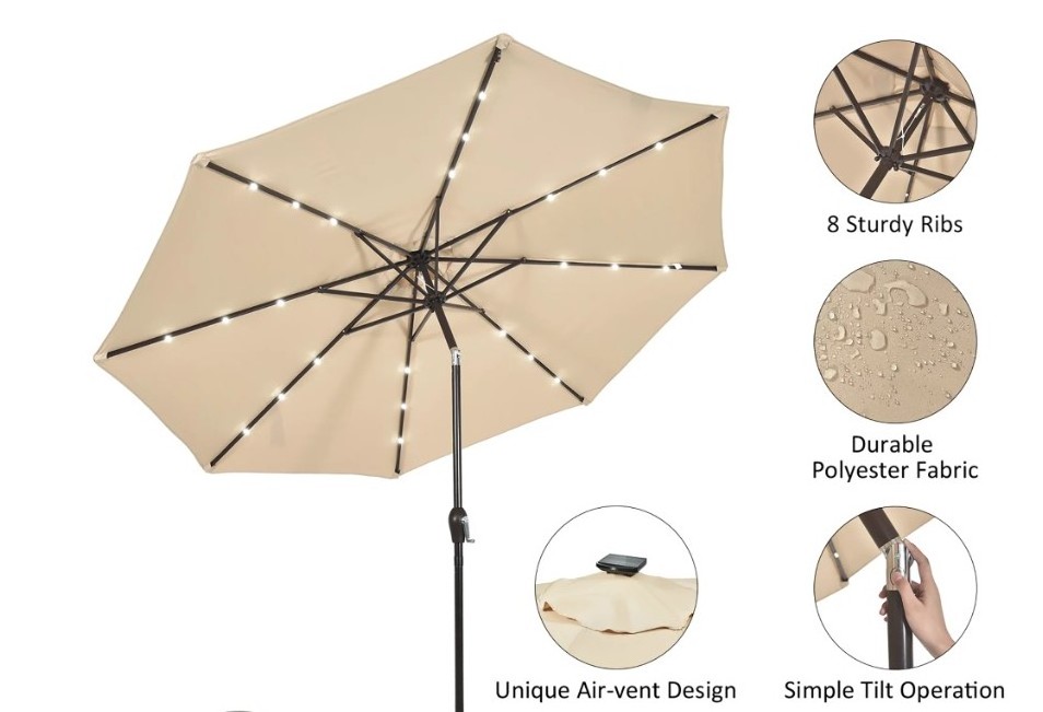 Uplion Solar LED Patio Umbrella Garden Patio Parasol LED Lighted Outdoor Table Market Umbrella with Push Button Tilt