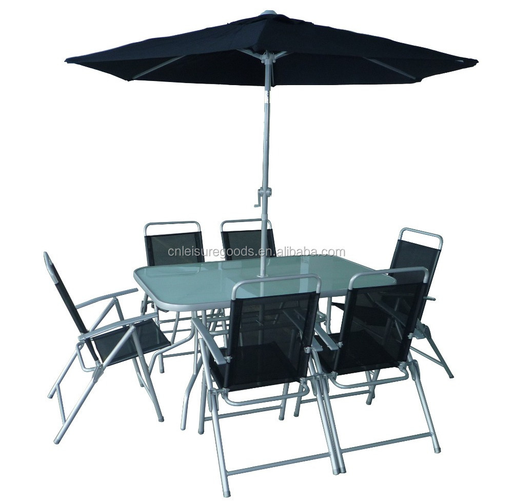 Uplion 6 seats folding steel outdoor garden furniture set patio dining table and chair with umbrella set