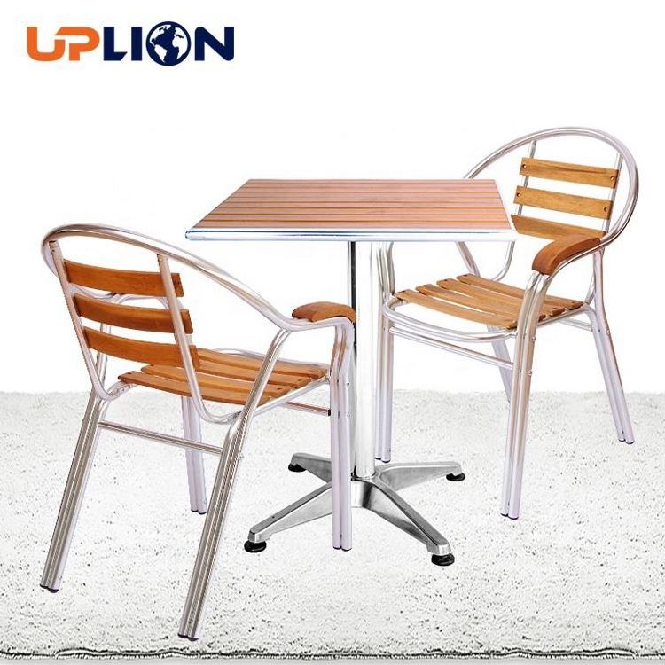 Uplion Hot Sale Square Restaurant Bistro Bar Coffee Shop Plastic Wood Slats Table Top Metal Frame Dining Table