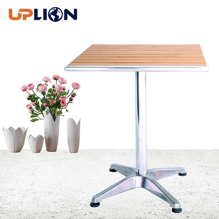 Uplion Hot Sale Square Restaurant Bistro Bar Coffee Shop Plastic Wood Slats Table Top Metal Frame Dining Table