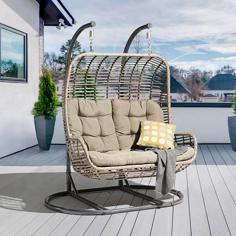 Uplion Outdoor Furniture Double Egg Rattan Swing Chair Hanging Chair with Metal Stand Patio Swings