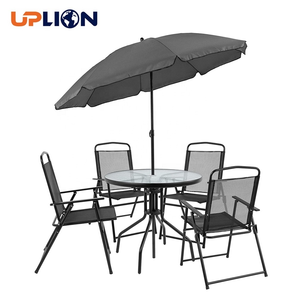 Uplion 6 Piece Black Patio Garden Set With Umbrella Table And Set Of 4 Folding Chairs