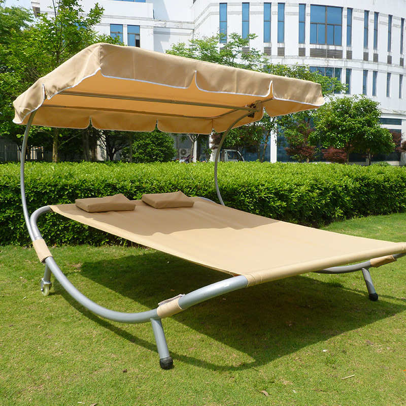 Uplion Outdoor Beach Lounge Double Size Chaise Lounge with Canopy Shelter and Wheels Garden Sun Lounger