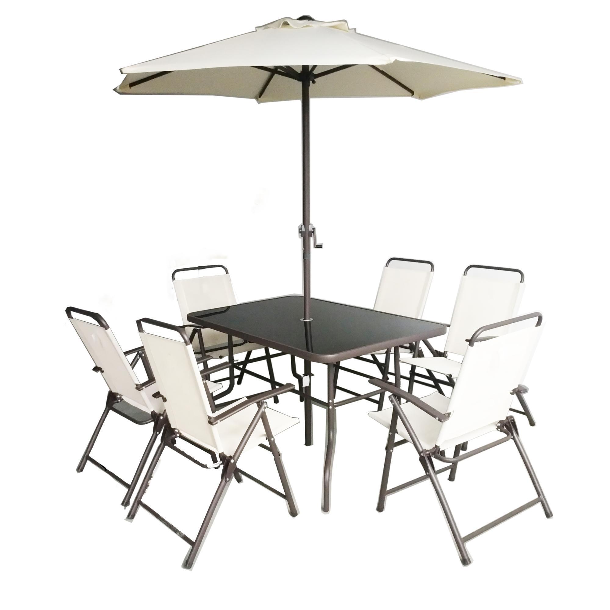 Uplion 6 seats folding steel outdoor garden furniture set patio dining table and chair with umbrella set