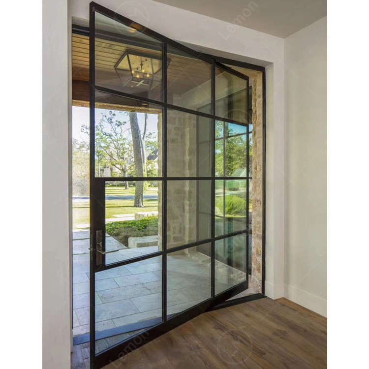 Customized Modern Villa Exterior French Grill Iron Door Thermal Break Double Iron Glass Pivot Door