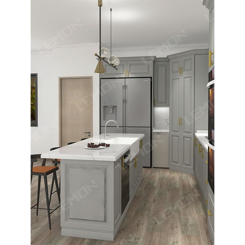 Lemon American Standards RTA Light Grey PVC Shaker Kitchen Cabinet With Island Kitchen Pantry Cupboards