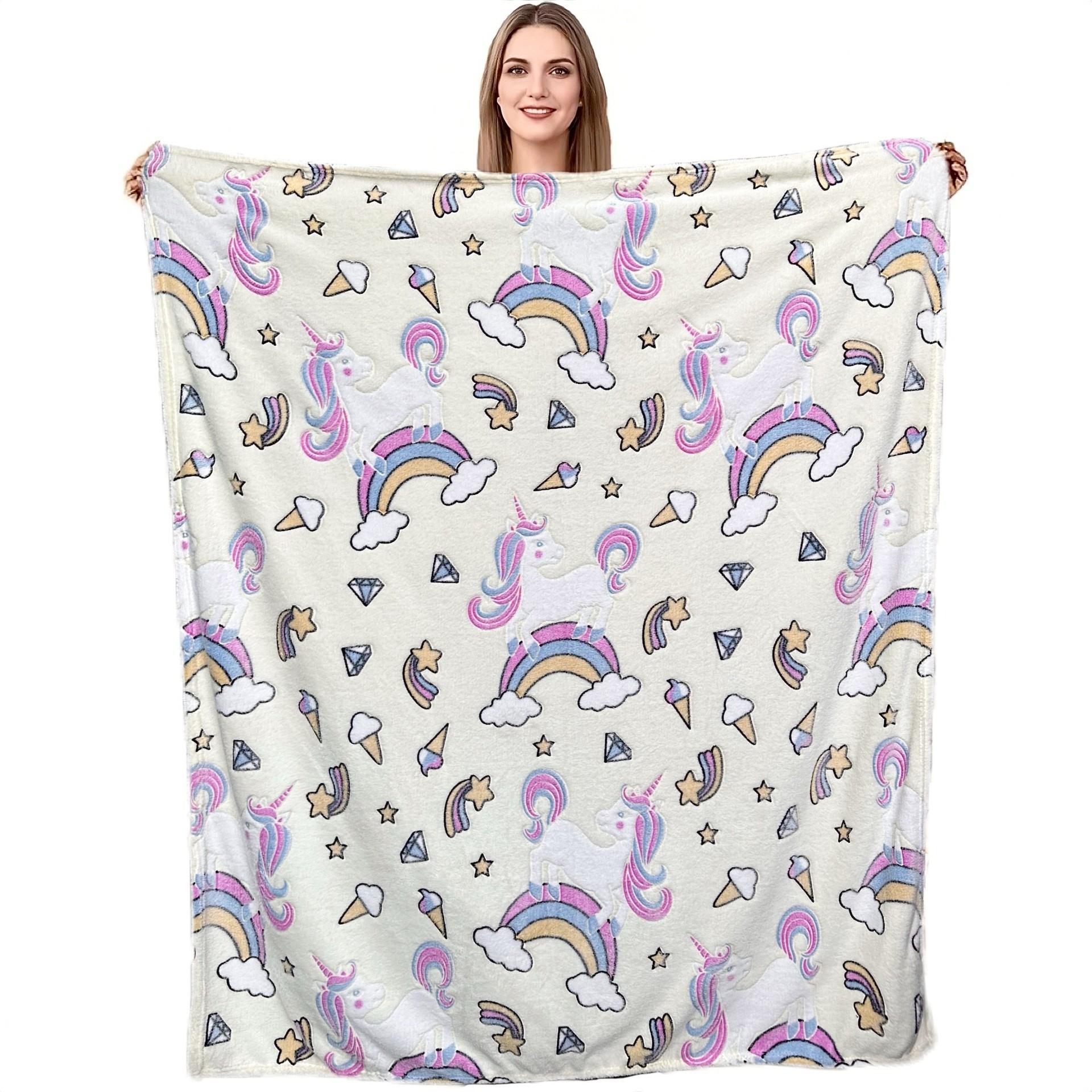 Custom Double Side Flannel Kids Pink Gray Purple Star Moon 75*100cm Glow in the Dark Blanket Baby Unicorns