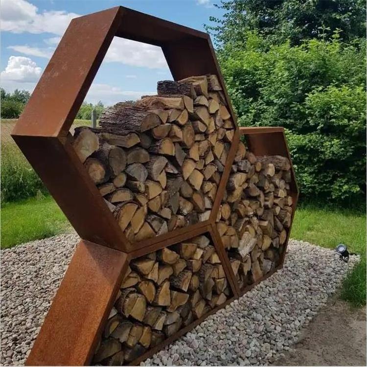 Heavy Duty Hexagon Rustic Corten Steel Honeycomb Firewood Storage Log Rack