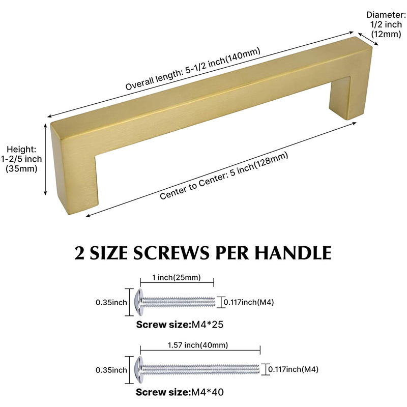 Solid 5Inch Center to Center Slim Square Bar Drawer Handles Kitchen Cabinet Handles Golden Door Pulls