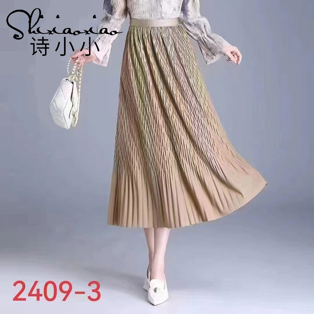 Wholesale 2024 Spring New High Waist Slim Solid Color Pleated Spliced Temperament Large Swing Women's Half Skirt