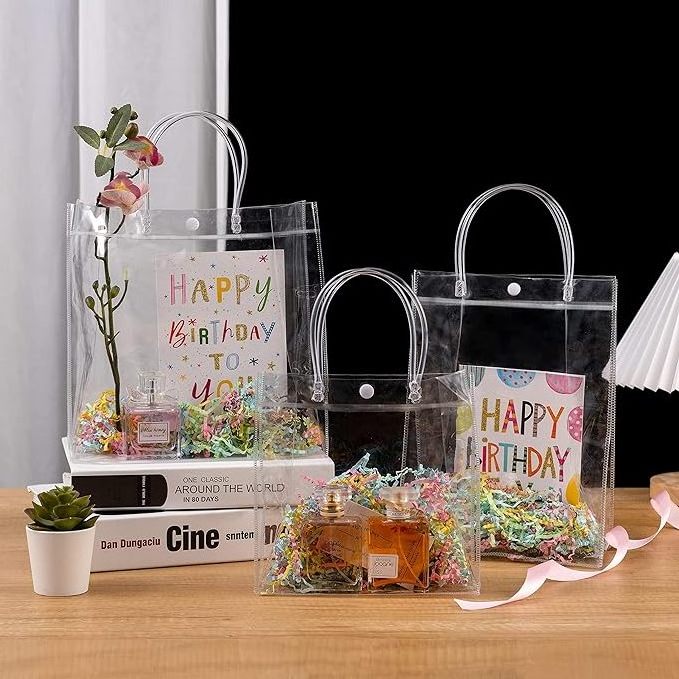 2024 Clear PVC Gift Bags with Handles, Small Transparent Gift Wrap Bags, Clear Tote Reusable Shopping Bags for Small Business