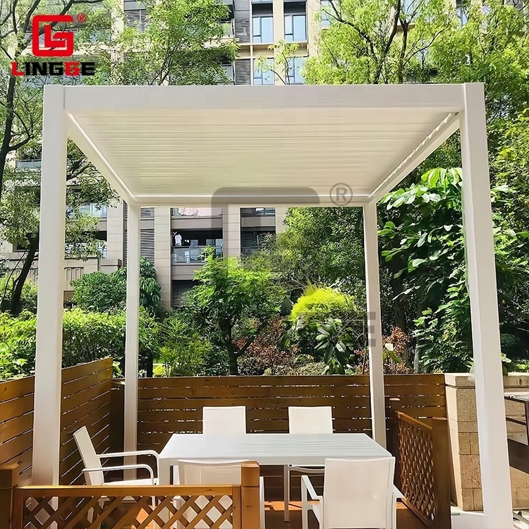 Automatic Open And Close Roof Pavilion Aluminum Patio Cover With LED Light Customized Modern Pergola