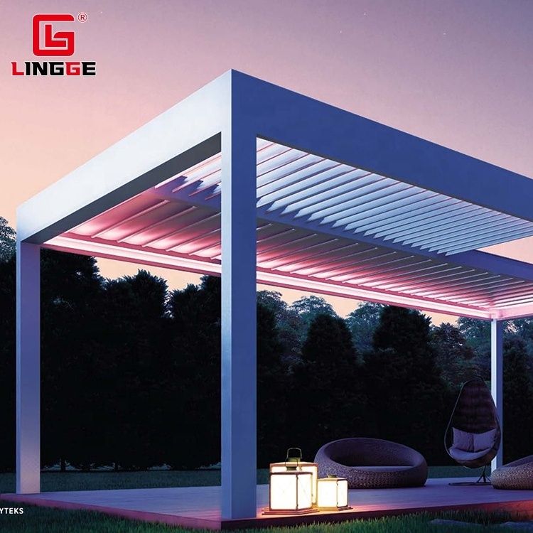 LED Lights Luxury Modern Outdoor  Folding Pergola Aluminum Louver Roof Electric Opening And Closing Gazebo