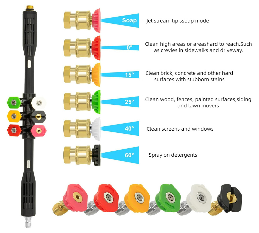 Equipped with 6 nozzles, 15 inches, 7 pieces, 4000PSI car cleaning pressure cleaning gun extension rod, stainless steel rod kit