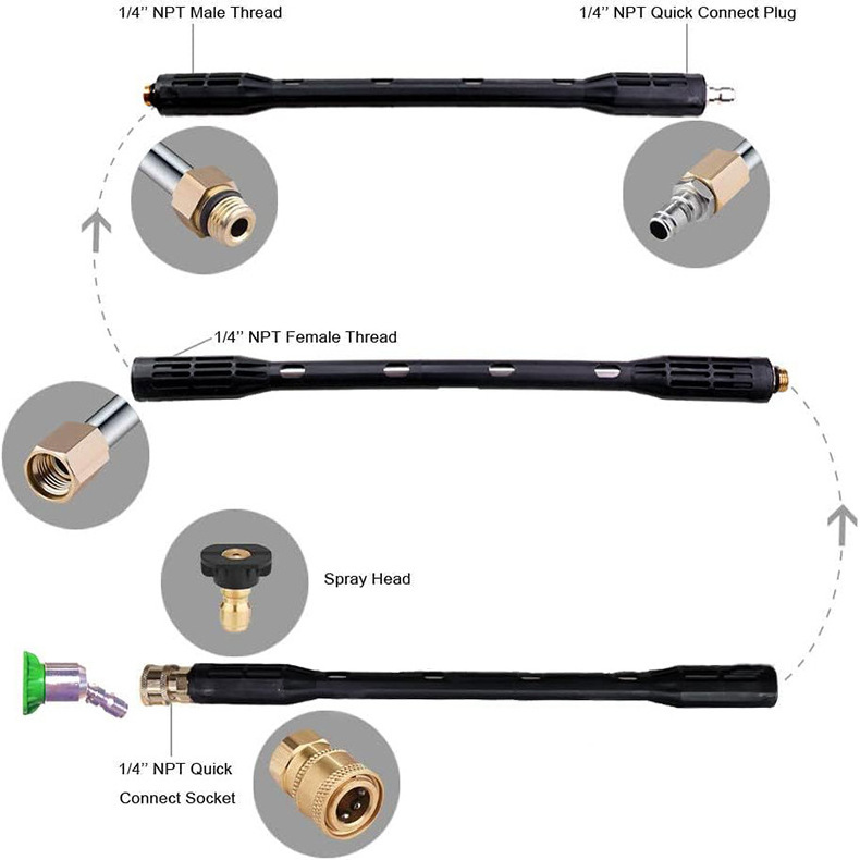 Equipped with 6 nozzles, 15 inches, 7 pieces, 4000PSI car cleaning pressure cleaning gun extension rod, stainless steel rod kit