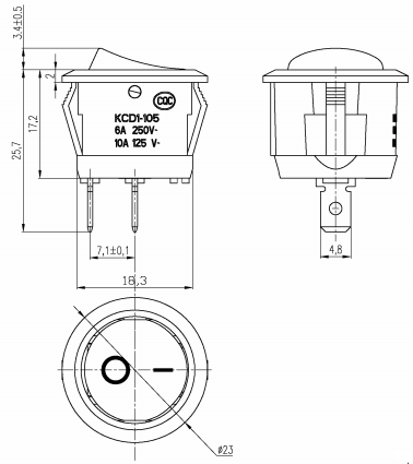 Black ON/OFF Round Rocker Toggle Switch 6A/250VAC 10A 125VAC Plastic KCD1-105 ROCKER Switch