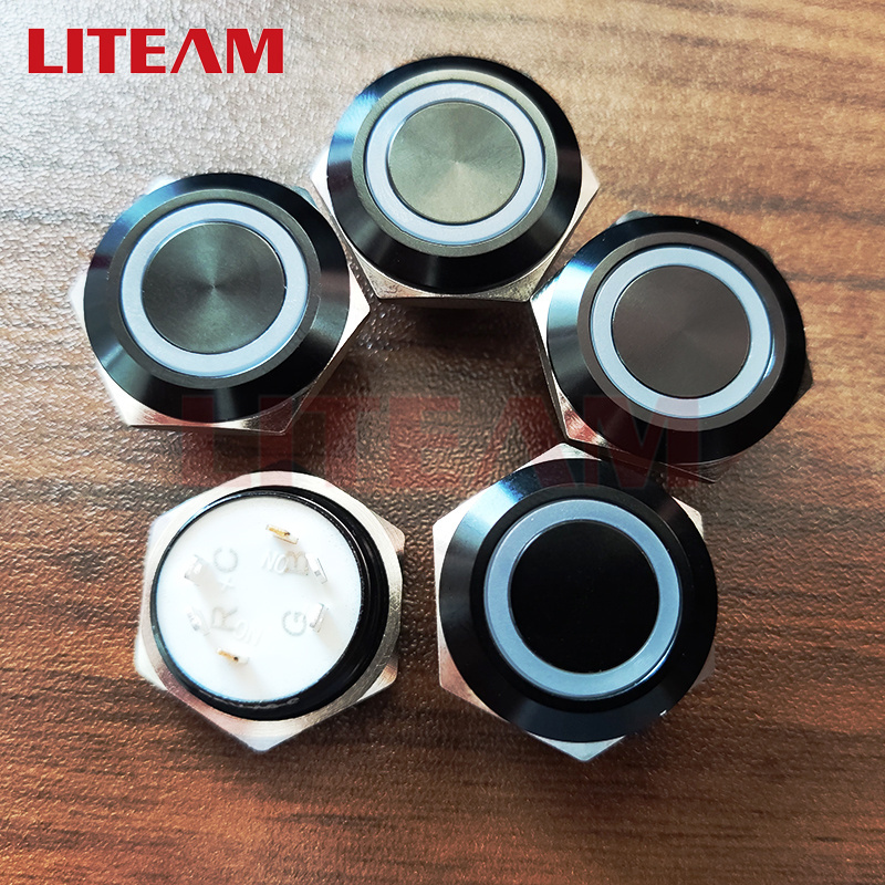 19mm Black Short Body Ultra-thin Metal Push Button Switch Momentary 1NO Waterproof Tricolor RGB LED Illuminated 6Pin Push Switch