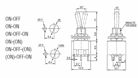 MTS-202 6 pin toggle switch  Waterproof 6A 125V DPDT ON ON mini toggle switch
