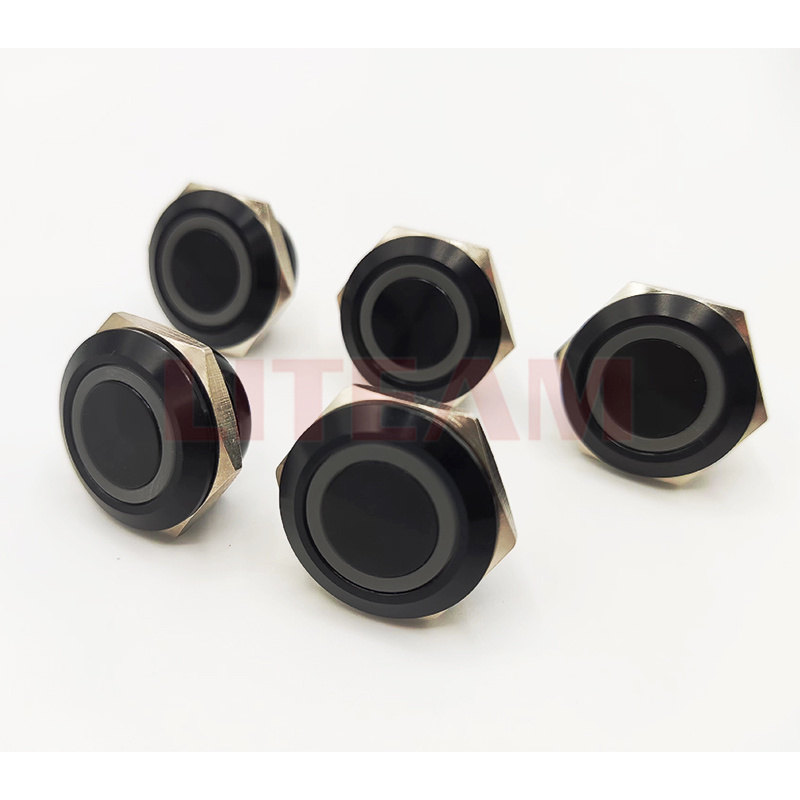 19mm Short Body Push Button Switch 1NO Momentary Black Body Ultra-thin Waterproof Tricolor Illuminated RGB LED Metal Push Button