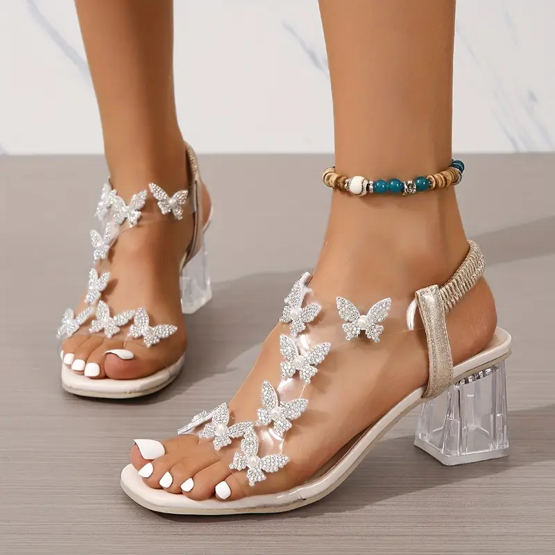 Designer Women's Butterfly Clear Chunky Heels Square Open Toe Elastic Strap Shoes Mid Heels Stylish Slip On Slingback Sandals