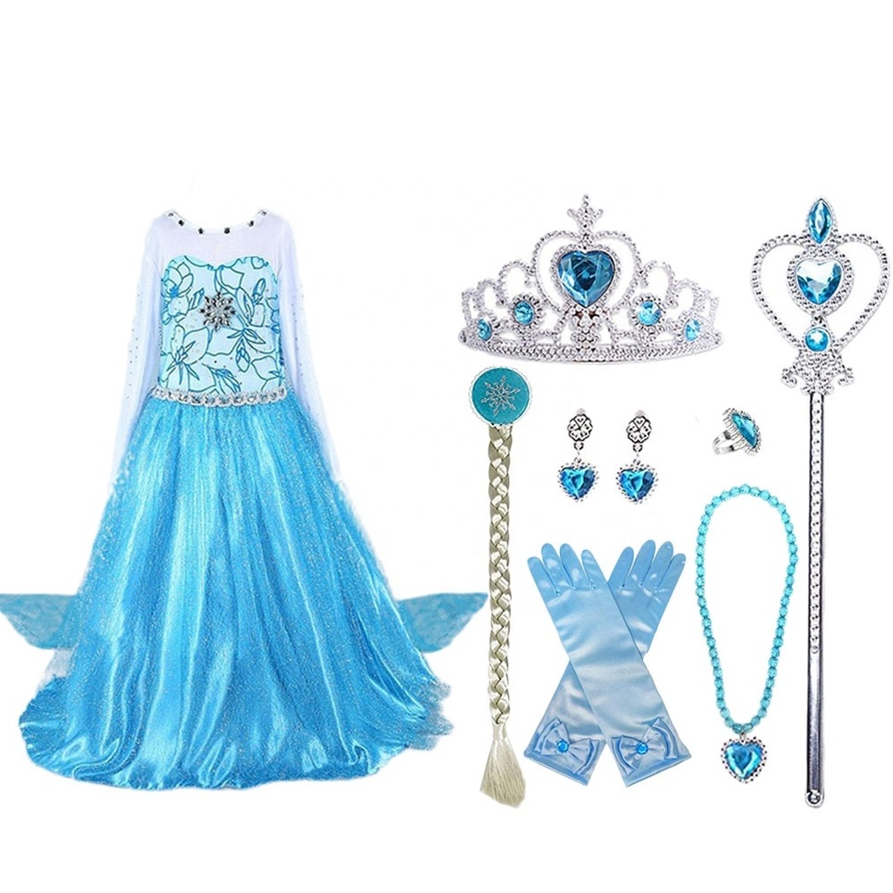 Hot sales Halloween Elsa Princess Fancy Dress Costumes Cosplay Wig Party Girls Dress Elsa Costume Collection for Kids