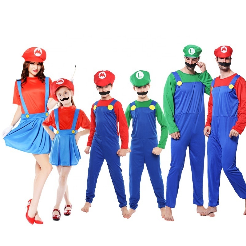 Popular Family Matching Outfits Cosplay Super Mario Bros Luigi Super Mary Princess Party Fancy Dress Kids Halloween Costumes