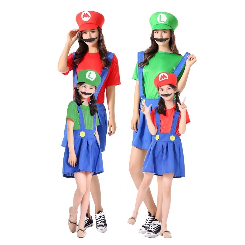 Popular Family Matching Outfits Cosplay Super Mario Bros Luigi Super Mary Princess Party Fancy Dress Kids Halloween Costumes