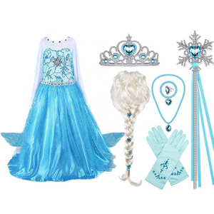 Hot sales Halloween Elsa Princess Fancy Dress Costumes Cosplay Wig Party Girls Dress Elsa Costume Collection for Kids