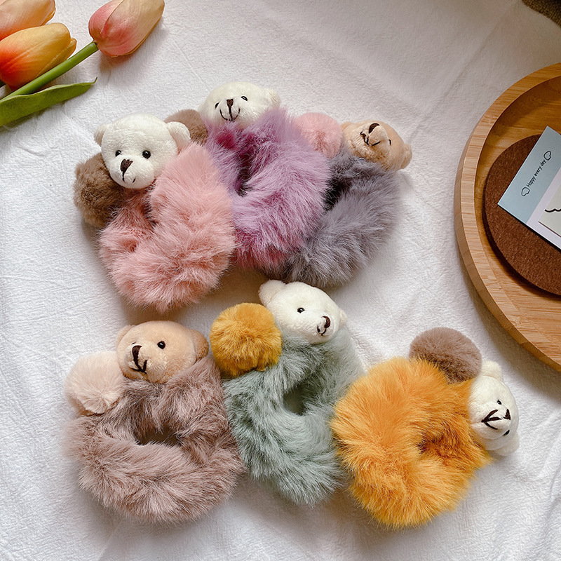 New Arrival Sweet Color Faux Fur Pom Pom Animal Shape Elastic Hair Ring Accessories Flurry Bear Shape Hair Bands Scrunchies