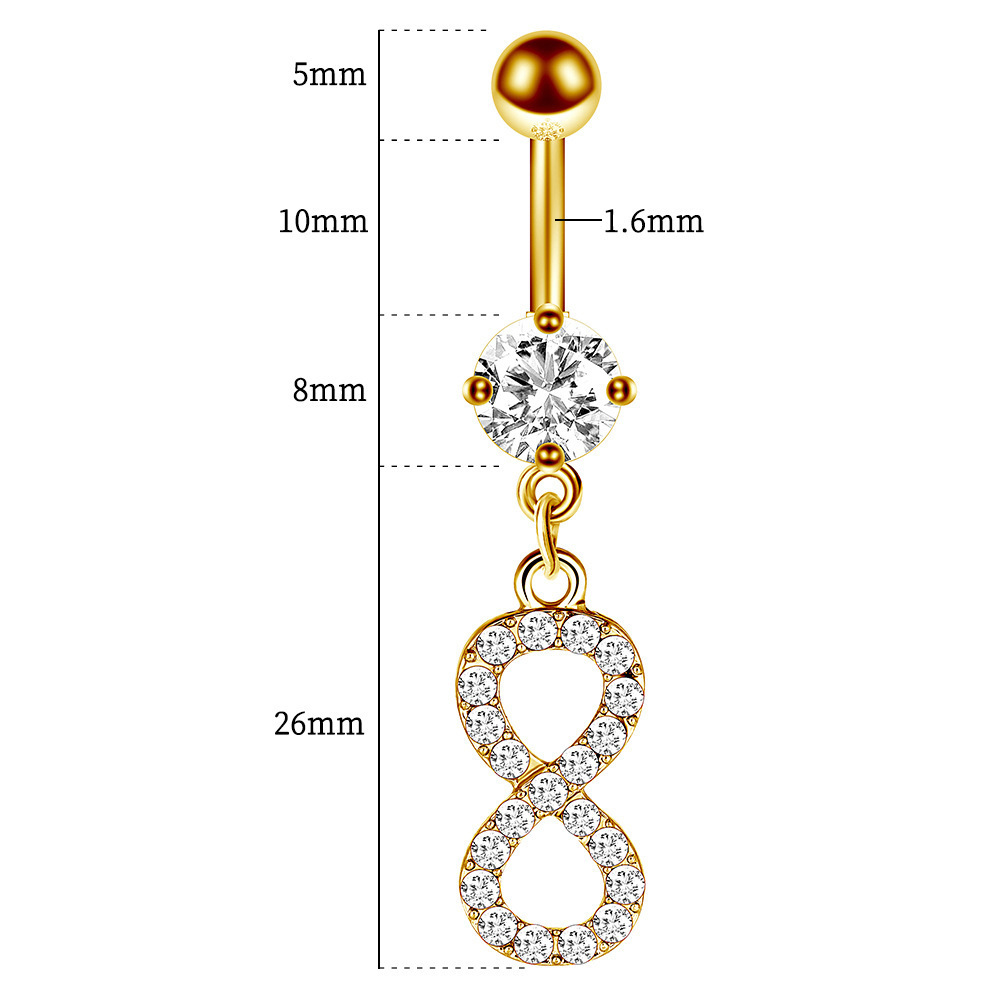 Big Glitter Zircon Piercing Jewelry Crystal Letter 8 Belly Ring Stainless Steel 18K Gold Plated Rhinestone Infinity Belly Ring