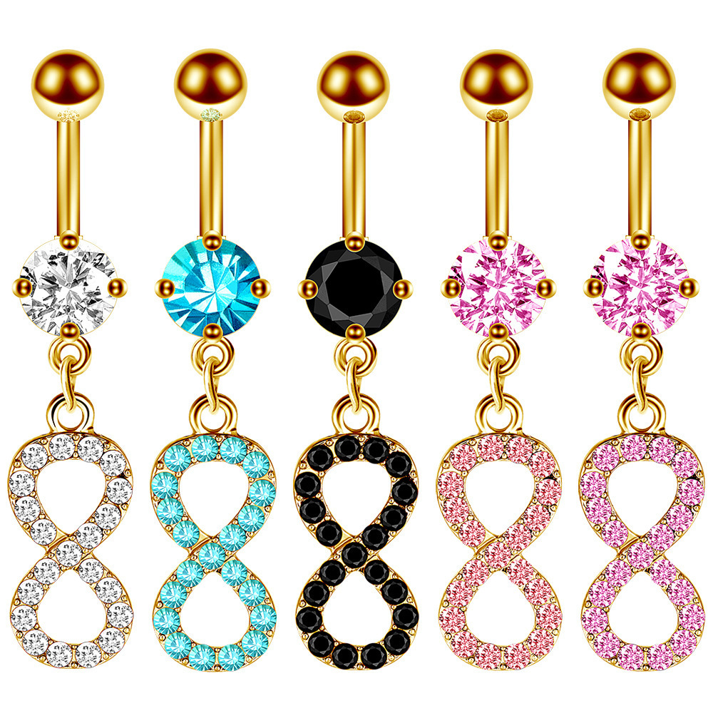 Big Glitter Zircon Piercing Jewelry Crystal Letter 8 Belly Ring Stainless Steel 18K Gold Plated Rhinestone Infinity Belly Ring