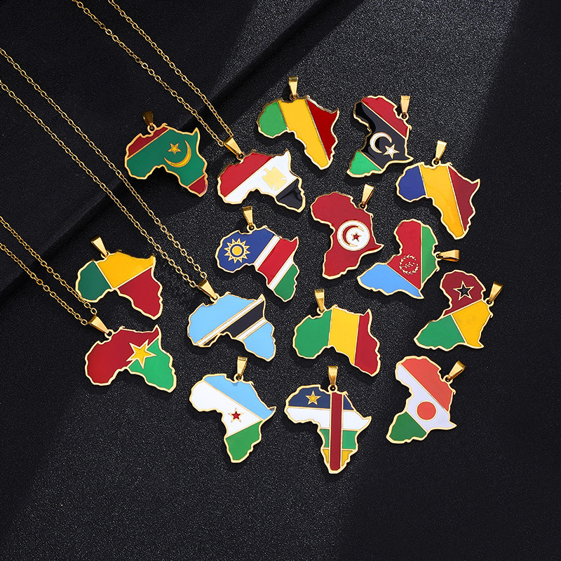 Hot selling Personalized Zambia Malawi Morocco Libya South Africa Country Flag Custom Jewelry Enamel Africa Map Pendant Necklace