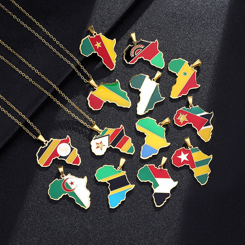 Hot selling Personalized Zambia Malawi Morocco Libya South Africa Country Flag Custom Jewelry Enamel Africa Map Pendant Necklace