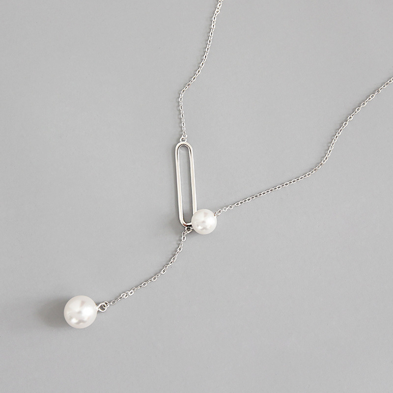 Minimalist S925 Silver Pearl Pendant Long Sweater Chain Necklace Jewellery 925 Sterling Silver Shell Pearl Lariat Necklace