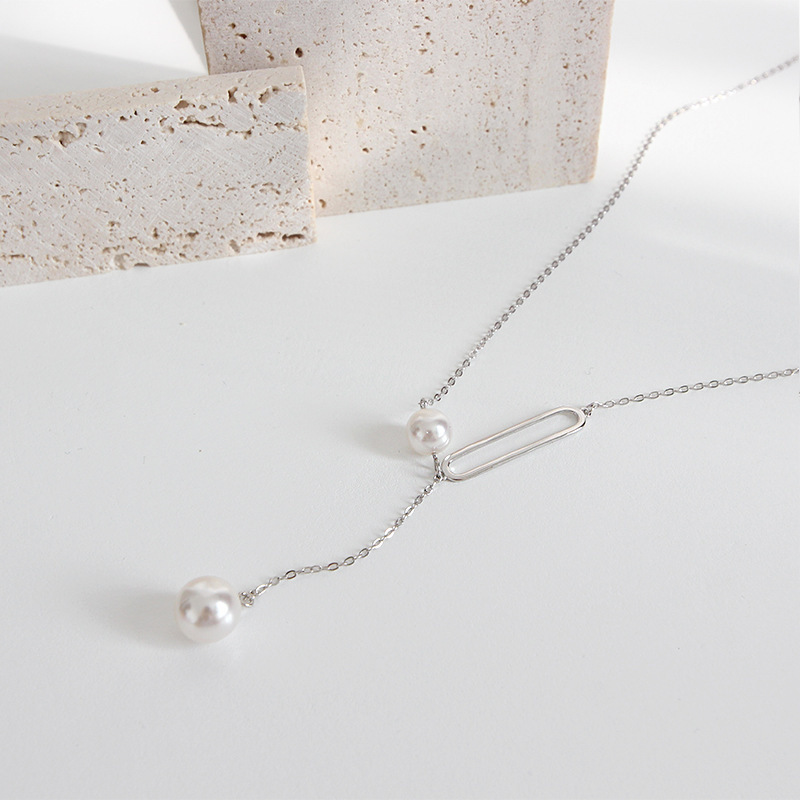 Minimalist S925 Silver Pearl Pendant Long Sweater Chain Necklace Jewellery 925 Sterling Silver Shell Pearl Lariat Necklace