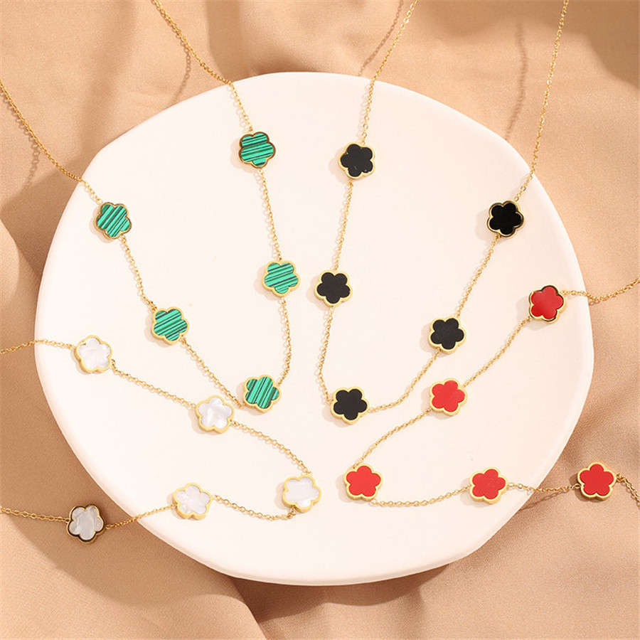 YX003 Real 18k Gold Plated Black Enamel Flower Necklace Stainless Steel White Shell Clovers Five Leaf Flower Necklace