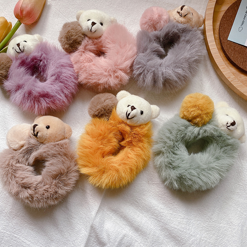 New Arrival Sweet Color Faux Fur Pom Pom Animal Shape Elastic Hair Ring Accessories Flurry Bear Shape Hair Bands Scrunchies