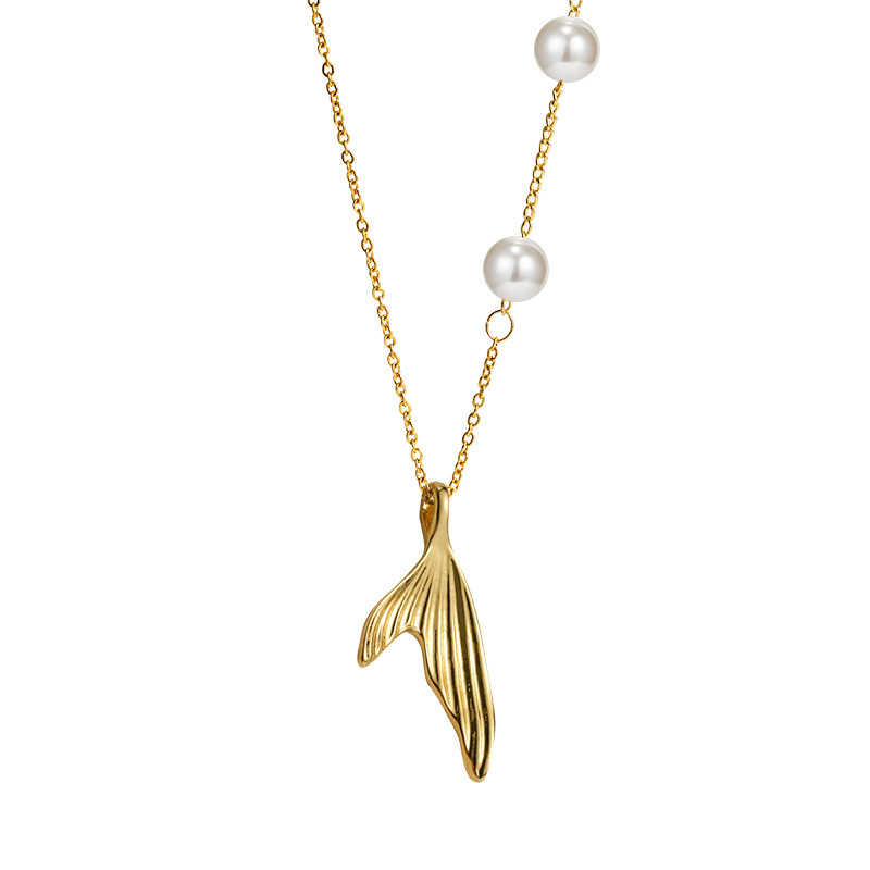 High Quality Pearl Fish Tail Pendant Necklace Dainty Gold Plated 304 Stainless Steel Animal Tail Necklace Jewelry