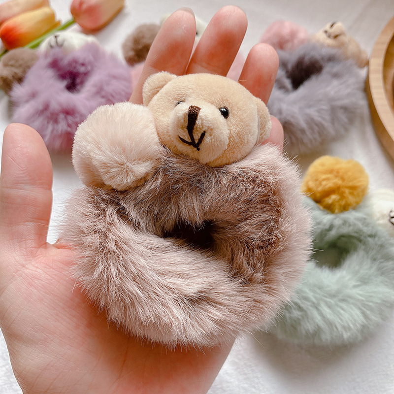 New Arrival Sweet Color Faux Fur Pom Pom Animal Shape Elastic Hair Ring Accessories Flurry Bear Shape Hair Bands Scrunchies