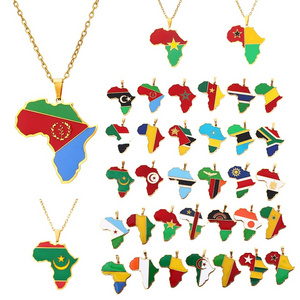 Hot selling Personalized Zambia Malawi Morocco Libya South Africa Country Flag Custom Jewelry Enamel Africa Map Pendant Necklace