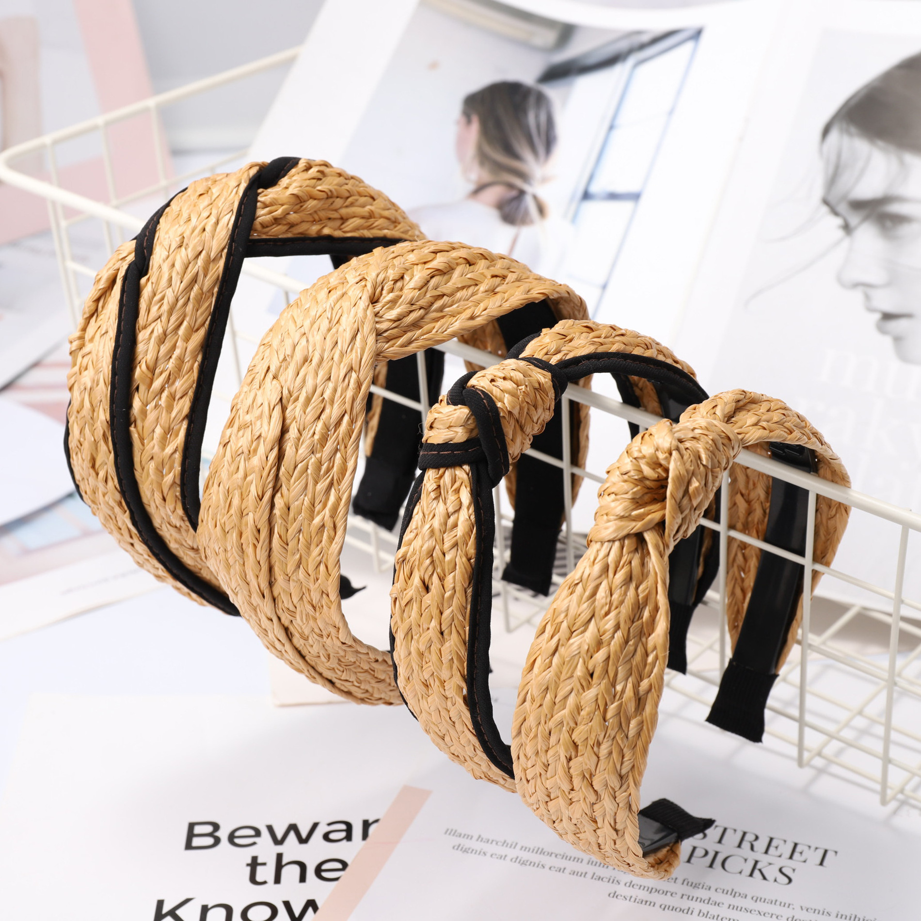 Boho Hand Made Wood Rattan Knot Headbands Headwear Hand Woven Bamboo Rattan Knotted Hair Hoops For Girls