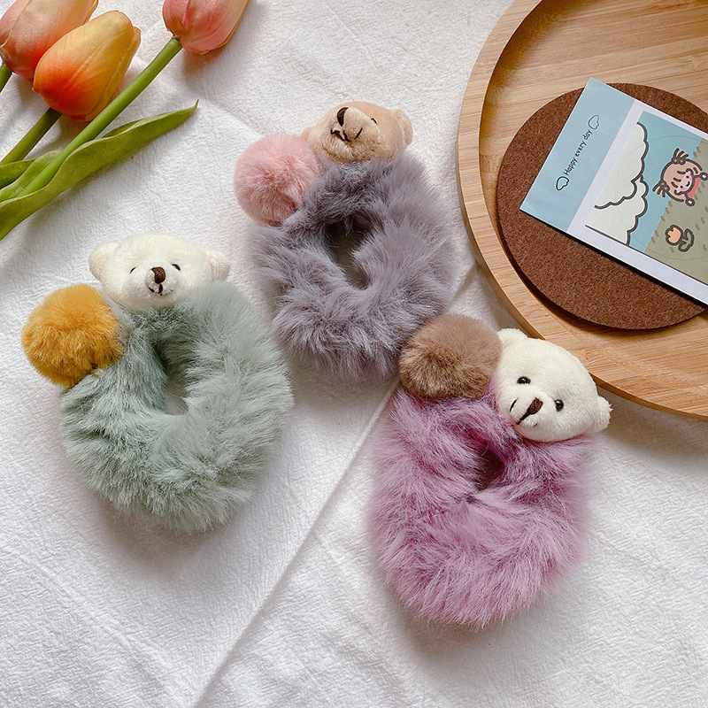 New Arrival Sweet Color Faux Fur Pom Pom Animal Shape Elastic Hair Ring Accessories Flurry Bear Shape Hair Bands Scrunchies